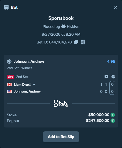 Bet slip: Liam Draxl - Johnson, Andrew, $50,000.00 stake at 4.95 odds, placed by Hidden