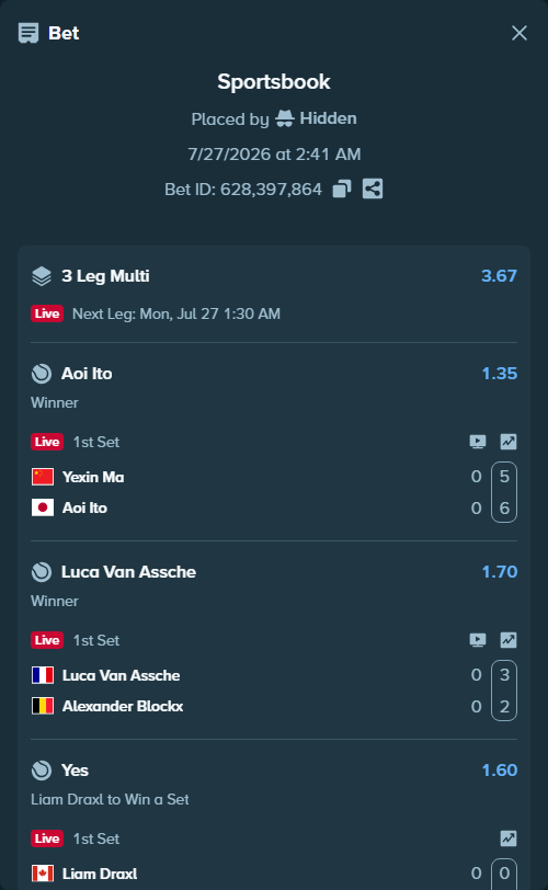 Bet slip: Liam Draxl - Samuel, Toby, $11,000.00 stake at 1.60 odds, placed by Hidden