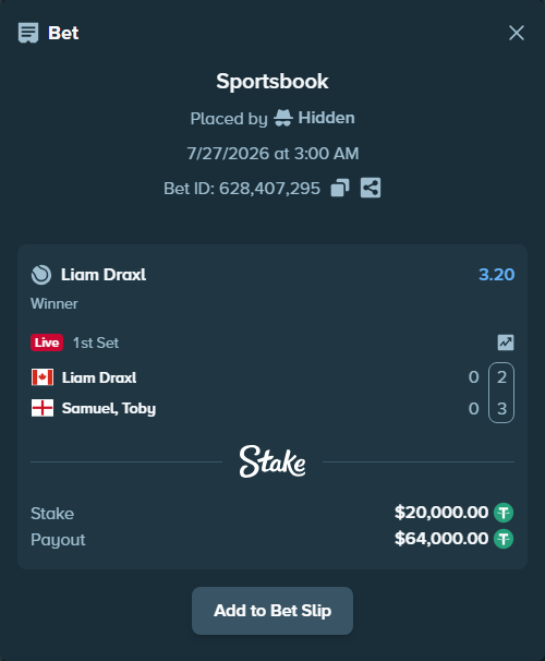 Bet slip: Liam Draxl - Samuel, Toby, $20,000.00 stake at 3.20 odds, placed by Hidden