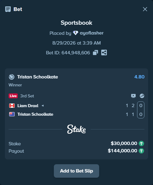 Bet slip: Liam Draxl - Tristan Schoolkate, $30,000.00 stake at 4.80 odds, placed by ayoflasher