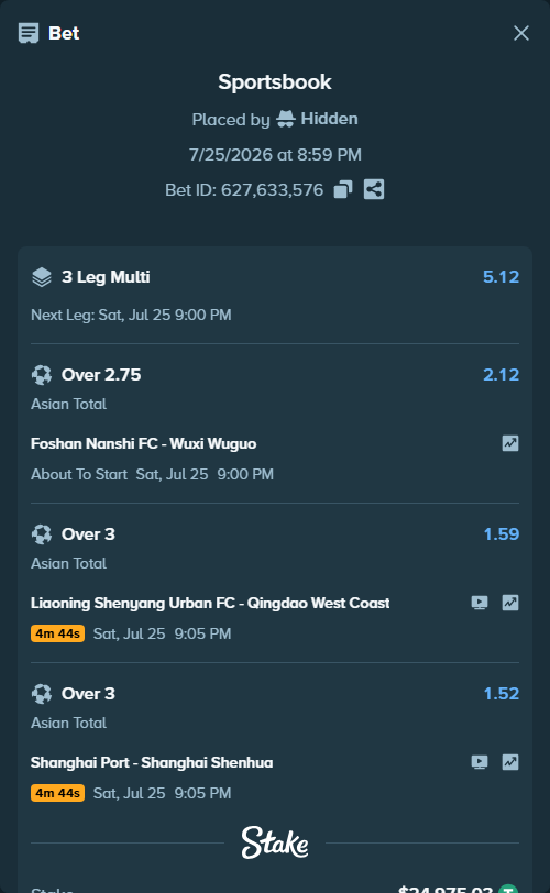 Bet slip: Liaoning Tieren FC - Qingdao West Coast, $25,000.00 stake at 1.59 odds, placed by Hidden