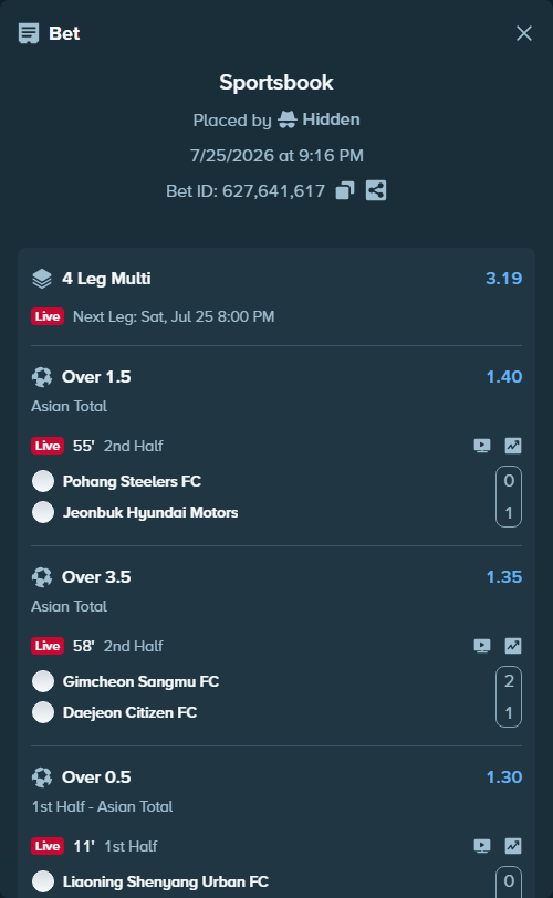 Bet slip: Liaoning Tieren FC - Qingdao West Coast, $58,301.15 stake at 1.30 odds, placed by Hidden