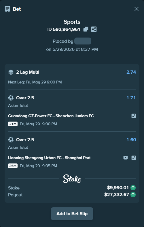 Bet slip: Liaoning Tieren FC - Shanghai Port, $10,000.00 stake at 1.60 odds, placed by Kaidou827