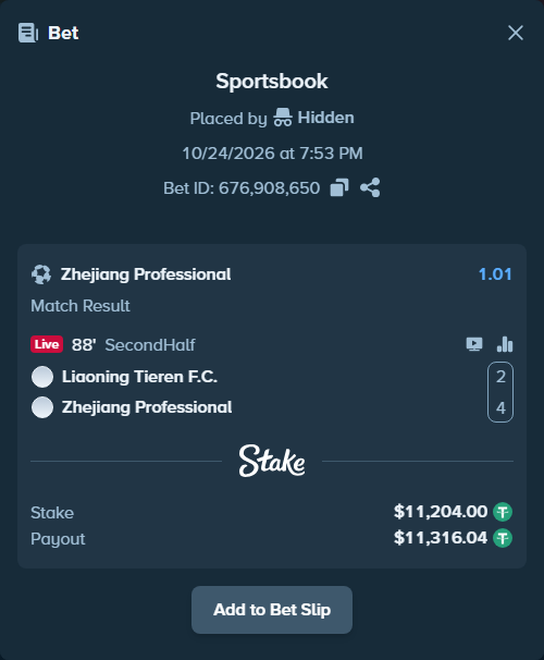 Bet slip: Liaoning Tieren FC - Zhejiang, $11,215.21 stake at 1.01 odds, placed by Jdaxeleboss