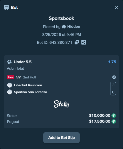 Bet slip: Libertad Asuncion - Sportivo San Lorenzo, $10,000.00 stake at 1.75 odds, placed by Hidden