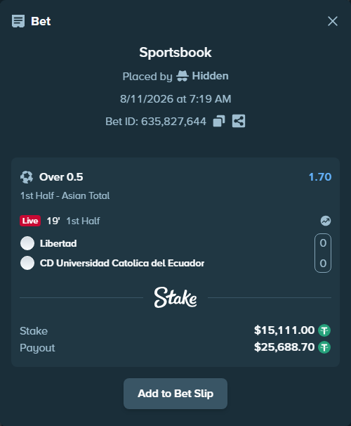 Bet slip: Libertad Loja - CD Universidad Catolica del Ecuador, $15,126.11 stake at 1.70 odds, placed by Hidden