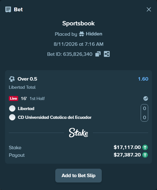 Bet slip: Libertad Loja - CD Universidad Catolica del Ecuador, $17,134.12 stake at 1.60 odds, placed by Hidden
