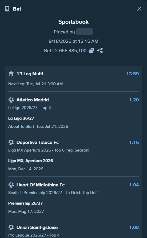 Bet slip: Liga MX, Apertura 2026, $14,030.06 stake at 1.16 odds, placed by dyt110