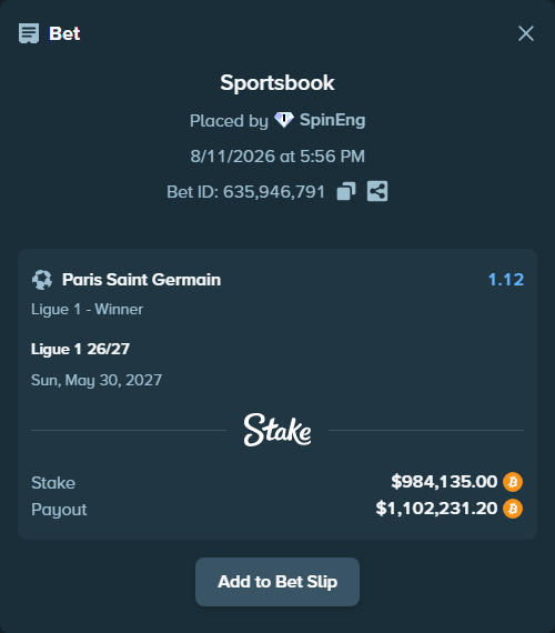Bet slip: Ligue 1 26/27, $965,914.57 stake at 1.12 odds, placed by SpinEng