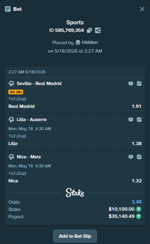 Bet slip: Lille - Auxerre, $10,110.10 stake at 1.38 odds, placed by Hidden