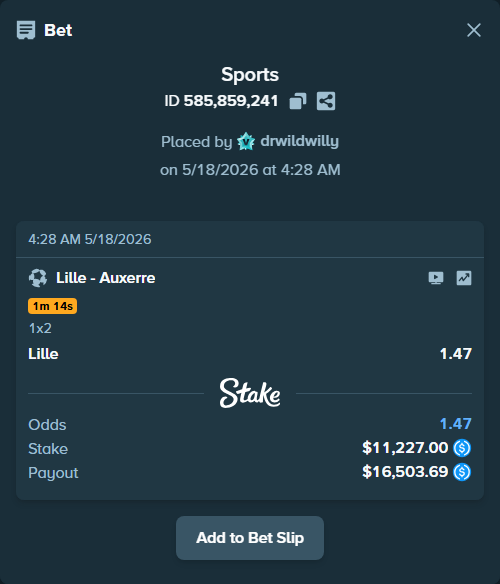Bet slip: Lille - Auxerre, $11,227.00 stake at 1.47 odds, placed by drwildwilly