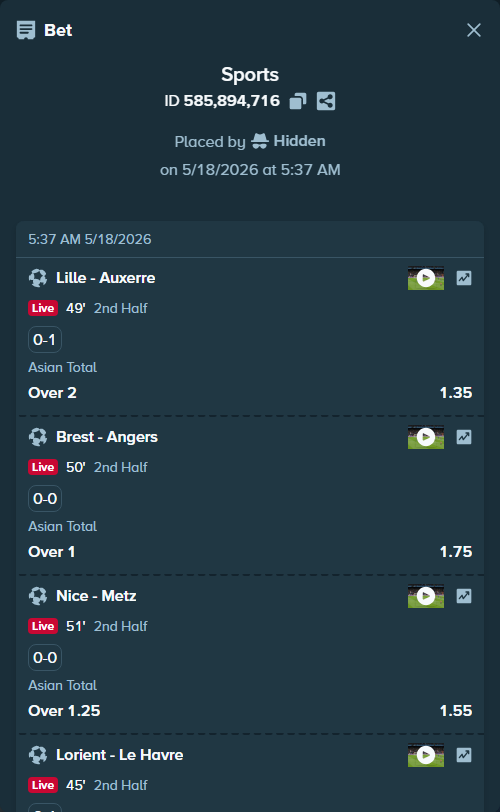 Bet slip: Lille - Auxerre, $20,000.00 stake at 1.35 odds, placed by Hidden