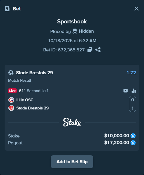 Bet slip: Lille - Brest, $10,000.00 stake at 1.72 odds, placed by olavandr