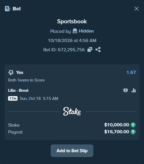 Bet slip: Lille - Brest, $10,010.00 stake at 1.67 odds, placed by Hidden