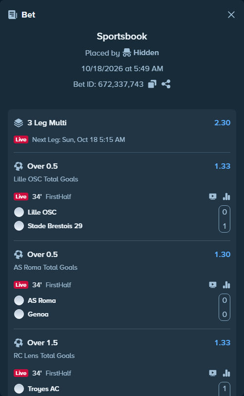 Bet slip: Lille - Brest, $11,251.61 stake at 1.33 odds, placed by Hidden