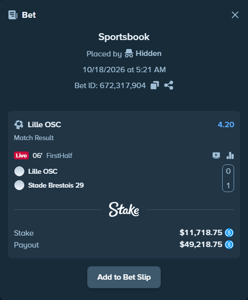 Bet slip: Lille - Brest, $11,718.75 stake at 4.20 odds, placed by Hidden