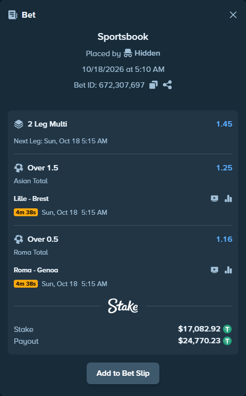 Bet slip: Lille - Brest, $17,100.00 stake at 1.25 odds, placed by Hidden