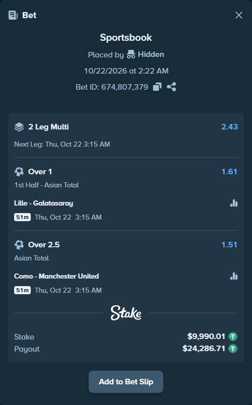 Bet slip: Lille - Galatasaray Istanbul, $10,000.00 stake at 1.61 odds, placed by duman6