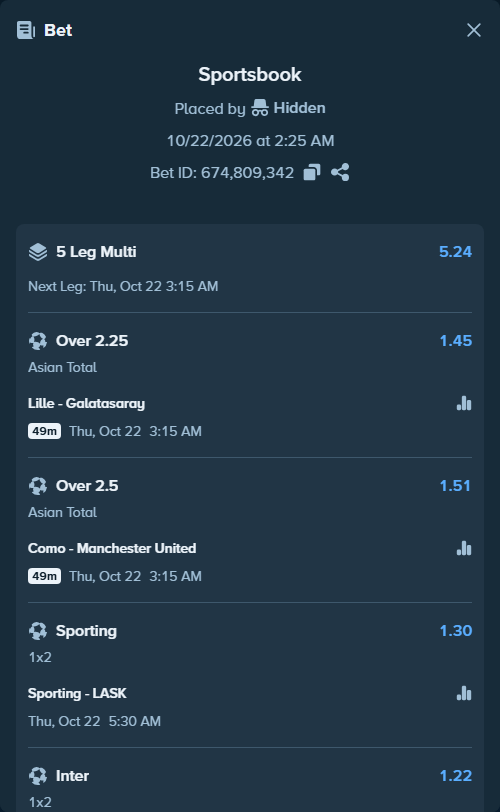 Bet slip: Lille - Galatasaray Istanbul, $10,000.00 stake at 1.45 odds, placed by Agus1033