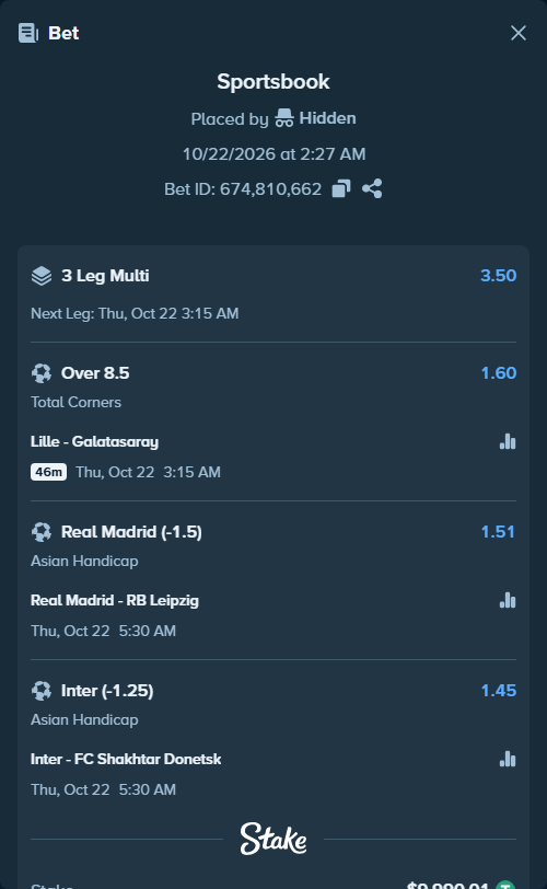 Bet slip: Lille - Galatasaray Istanbul, $10,000.00 stake at 1.60 odds, placed by Agus1033