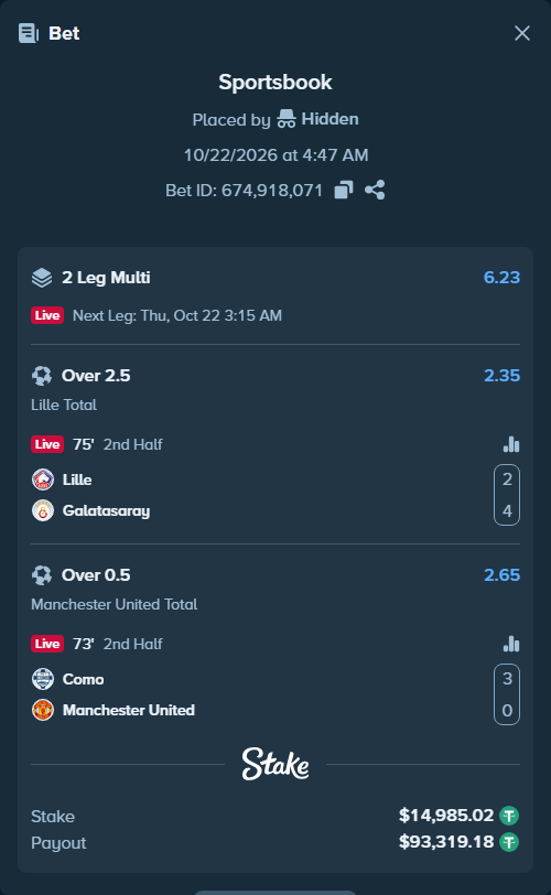 Bet slip: Lille - Galatasaray Istanbul, $15,000.00 stake at 2.35 odds, placed by Hidden