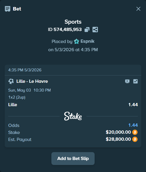 Bet slip: Lille - Le Havre, $16,430.48 stake at 1.44 odds, placed by Espnik