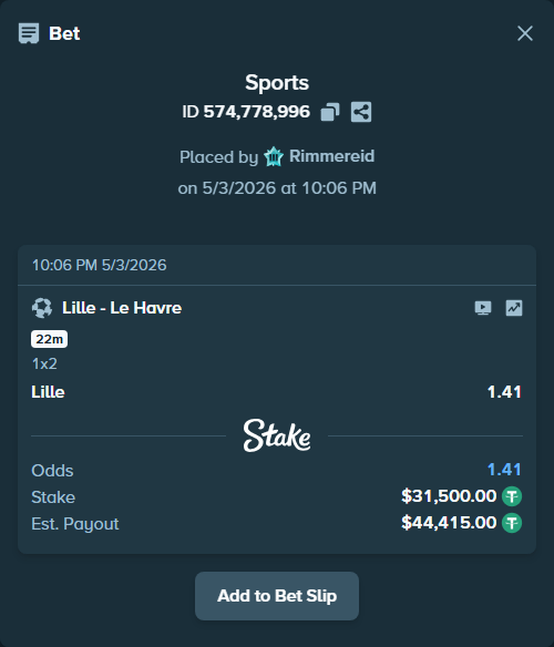 Bet slip: Lille - Le Havre, $31,500.00 stake at 1.41 odds, placed by Rimmereid