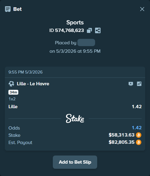 Bet slip: Lille - Le Havre, $47,568.68 stake at 1.42 odds, placed by ArvaPandaM