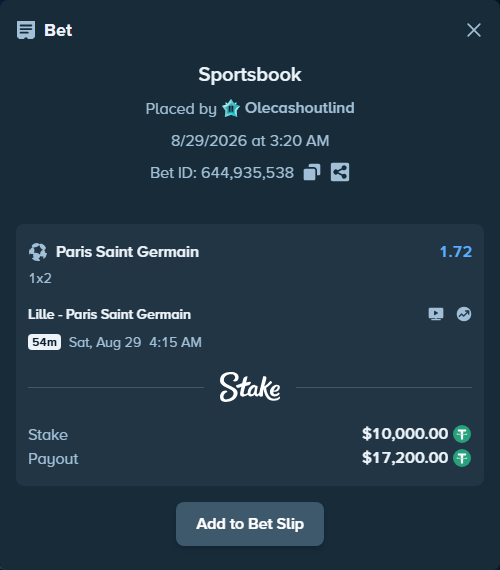 Bet slip: Lille - Paris Saint Germain, $10,000.00 stake at 1.72 odds, placed by Olecashoutlind
