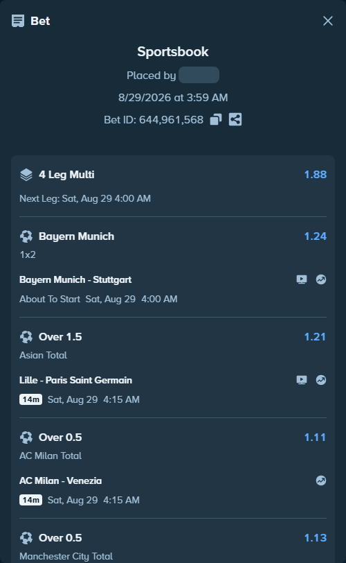 Bet slip: Lille - Paris Saint Germain, $10,000.00 stake at 1.21 odds, placed by RichHalif