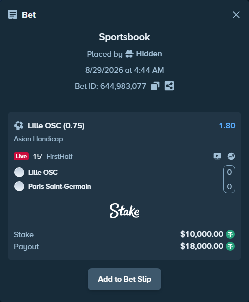Bet slip: Lille - Paris Saint Germain, $10,000.00 stake at 1.80 odds, placed by Hidden