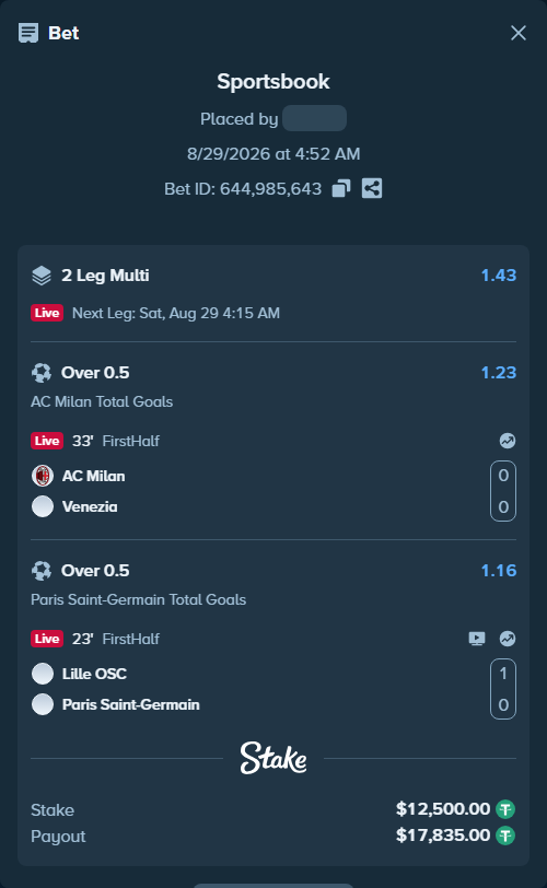 Bet slip: Lille - Paris Saint Germain, $12,500.00 stake at 1.16 odds, placed by SH7N28