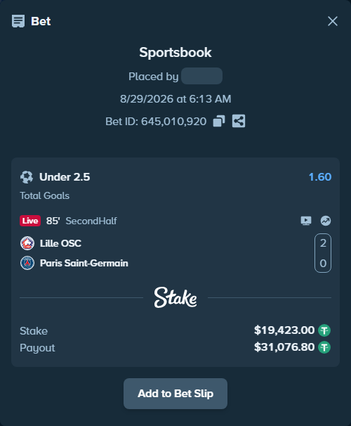 Bet slip: Lille - Paris Saint Germain, $19,423.00 stake at 1.60 odds, placed by diomancy