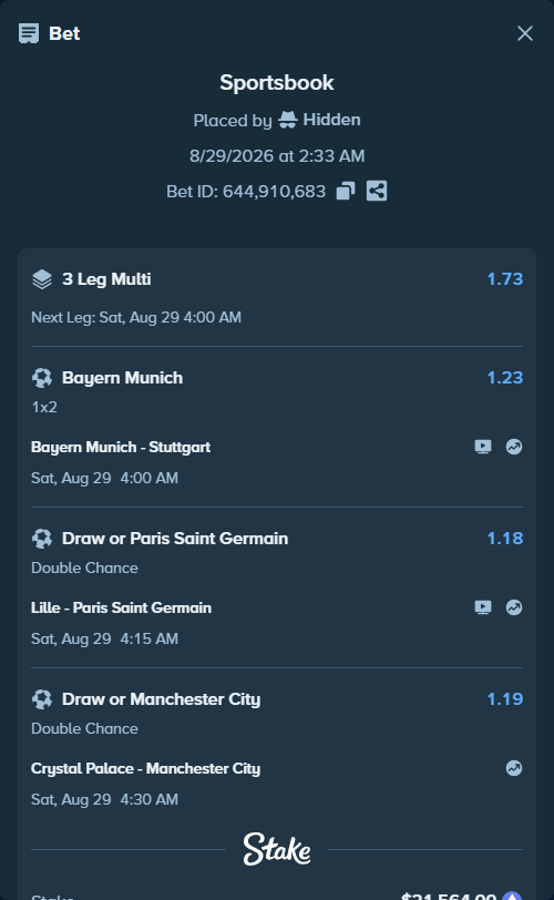 Bet slip: Lille - Paris Saint Germain, $21,578.57 stake at 1.18 odds, placed by Hidden