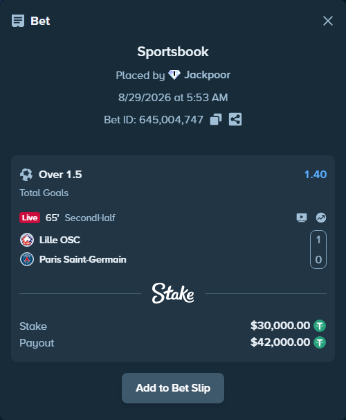 Bet slip: Lille - Paris Saint Germain, $30,000.00 stake at 1.40 odds, placed by Jackpoor