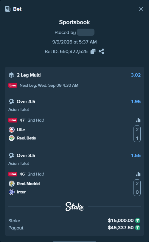 Bet slip: Lille - Real Betis, $15,000.00 stake at 1.95 odds, placed by KOHINUR7474