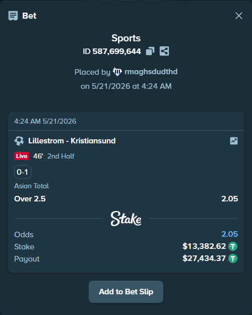 Bet slip: Lillestrom - Kristiansund, $13,396.00 stake at 2.05 odds, placed by rmaghsdudthd
