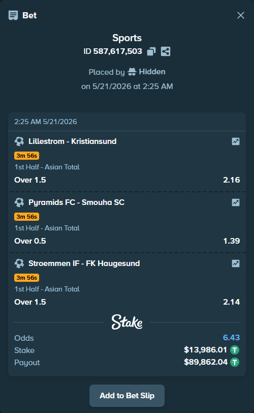Bet slip: Lillestrom - Kristiansund, $14,000.00 stake at 2.16 odds, placed by Hidden