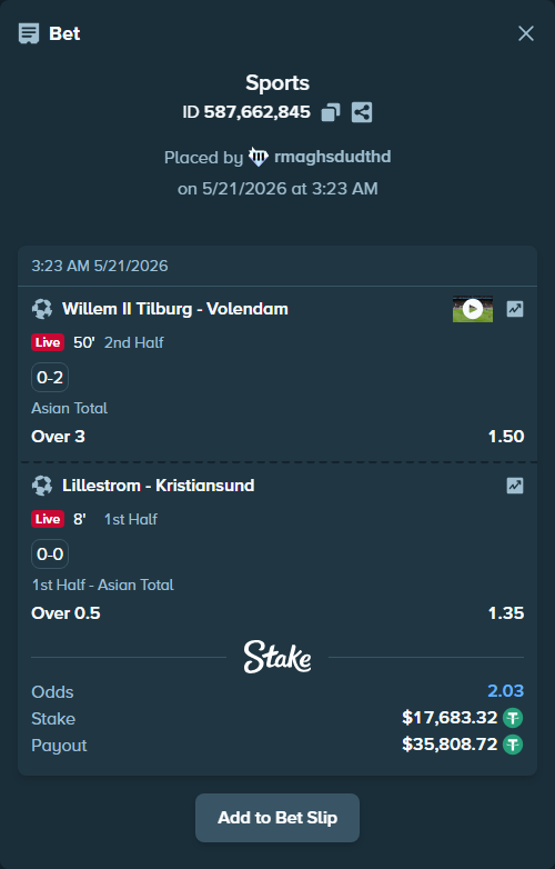 Bet slip: Lillestrom - Kristiansund, $17,701.00 stake at 1.35 odds, placed by rmaghsdudthd