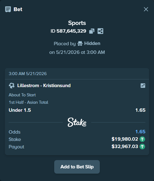 Bet slip: Lillestrom - Kristiansund, $20,000.00 stake at 1.65 odds, placed by Hidden