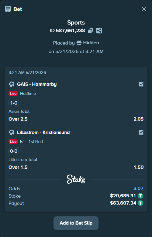 Bet slip: Lillestrom - Kristiansund, $20,706.00 stake at 1.50 odds, placed by Hidden