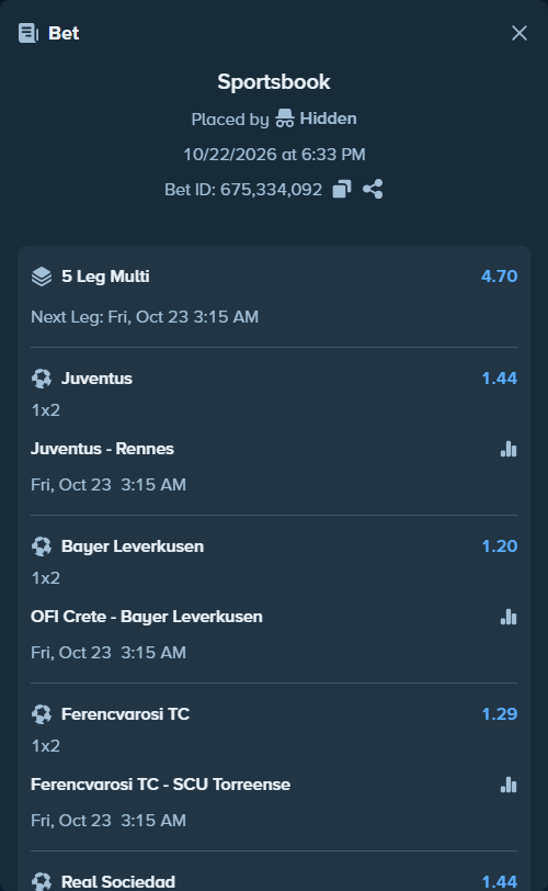 Bet slip: Lillestrom - Real Sociedad San Sebastian, $10,010.00 stake at 1.44 odds, placed by Hidden