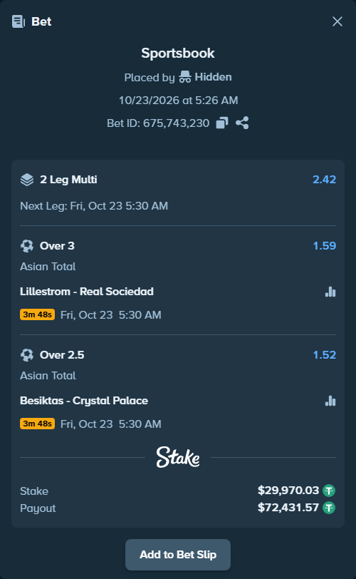 Bet slip: Lillestrom - Real Sociedad San Sebastian, $30,000.00 stake at 1.59 odds, placed by tlwns4736
