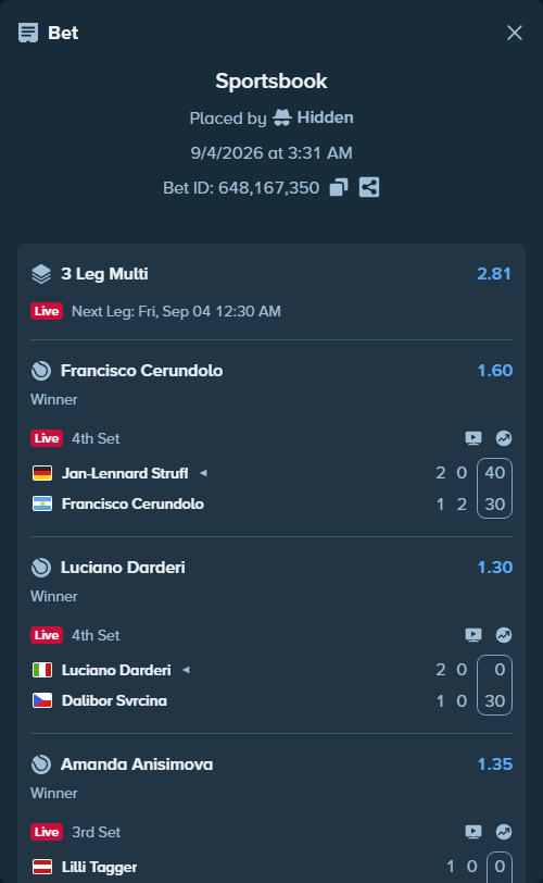 Bet slip: Lilli Tagger - Amanda Anisimova, $50,000.00 stake at 1.35 odds, placed by Hidden