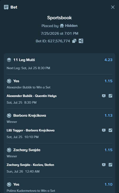 Bet slip: Lilli Tagger - Barbora Krejcikova, $125,125.00 stake at 1.13 odds, placed by Hidden