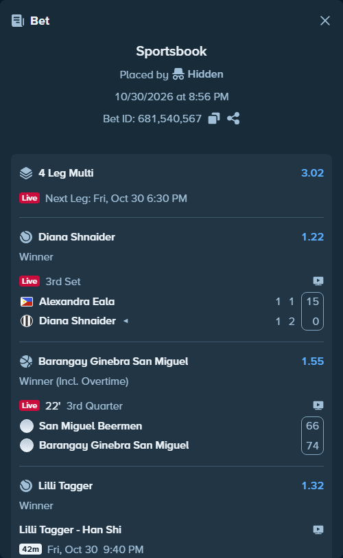 Bet slip: Lilli Tagger - Han Shi, $10,080.00 stake at 1.32 odds, placed by Hidden