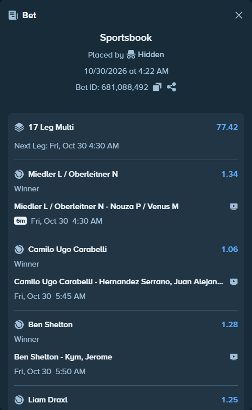 Bet slip: Lilli Tagger - Han Shi, $15,383.00 stake at 1.28 odds, placed by Hidden