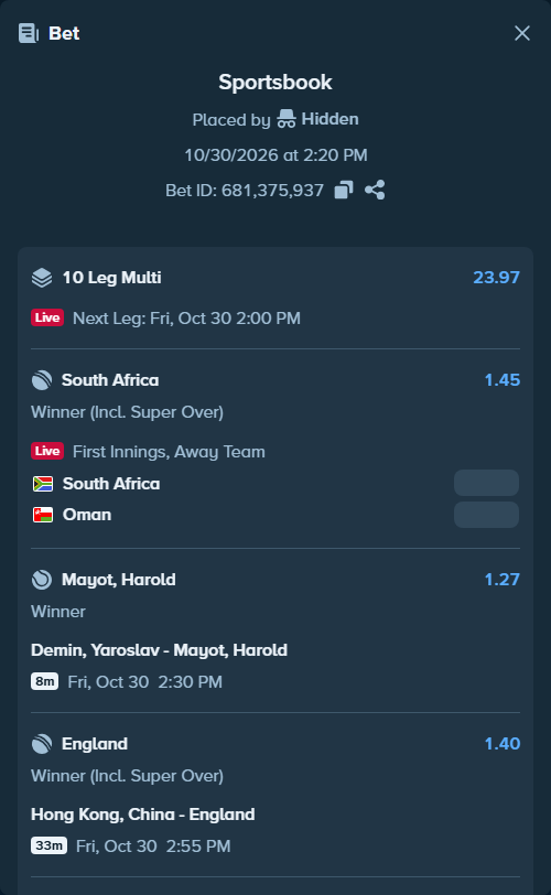 Bet slip: Lilli Tagger - Han Shi, $17,431.00 stake at 1.28 odds, placed by Hidden