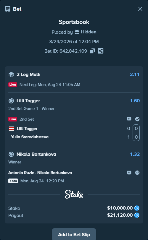 Bet slip: Lilli Tagger - Yulia Starodubsteva, $10,000.00 stake at 1.60 odds, placed by Hidden