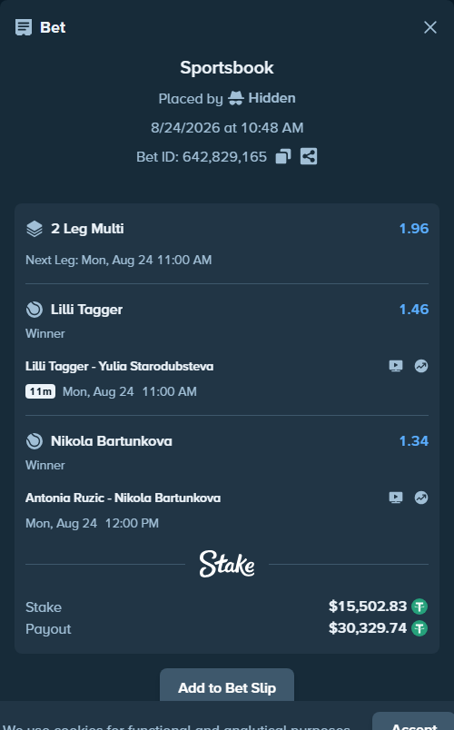 Bet slip: Lilli Tagger - Yulia Starodubsteva, $15,501.28 stake at 1.46 odds, placed by Davidbushel1
